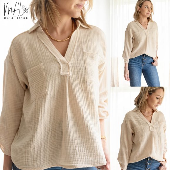 Winona Woven Crinkle V Neck - Picture 2 of 8